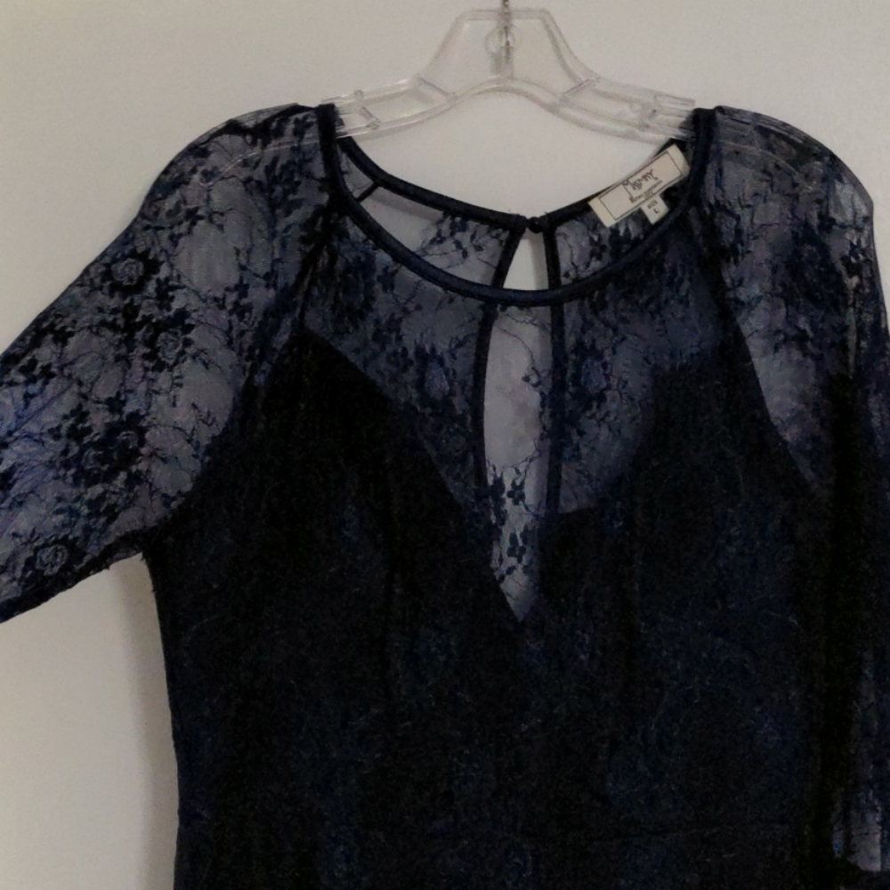Navy blue tea-length lace dress